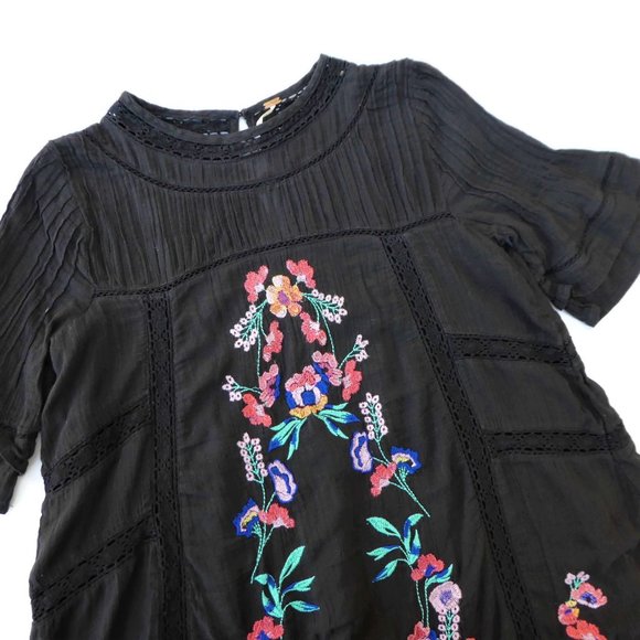 Free People Tunic Dress Embroidered Floral Crochet Inset Lined Keyhole Back  XS - Picture 7 of 12